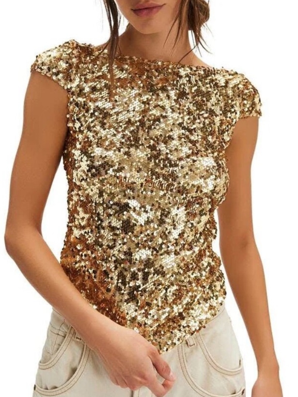 Free People Last Night Gold Sequin Tee XS